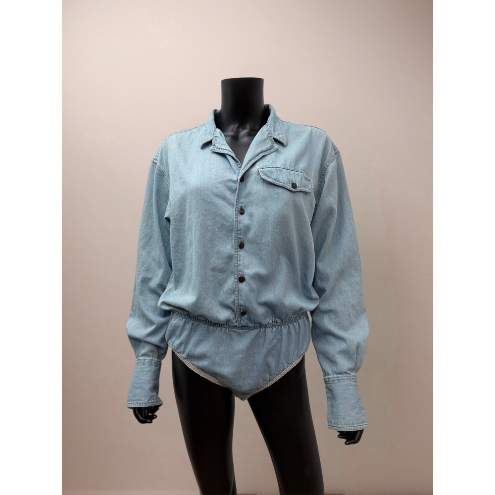 Vintage Lizwear Denim Bodysuit Shirt Women's L Button Front‎ 80s 90s Snap